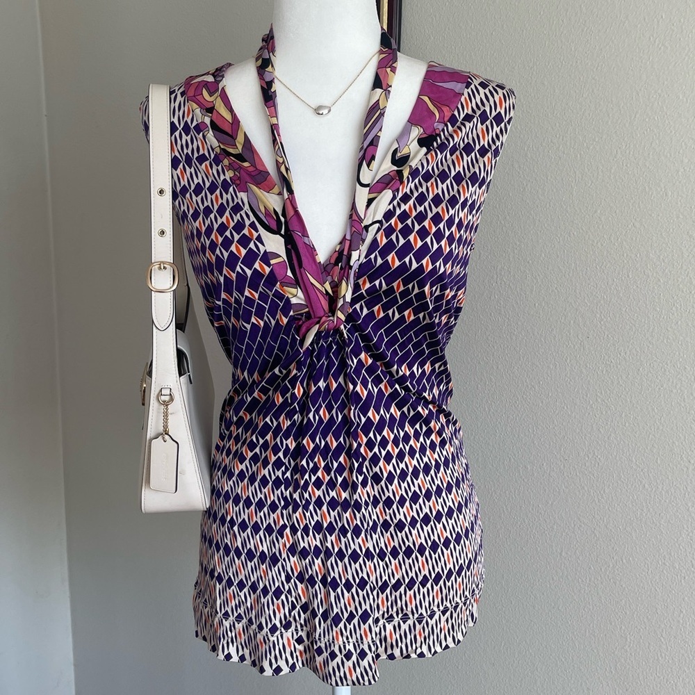 Hale Bob Silk Purple and Pink Geometric Halter Top